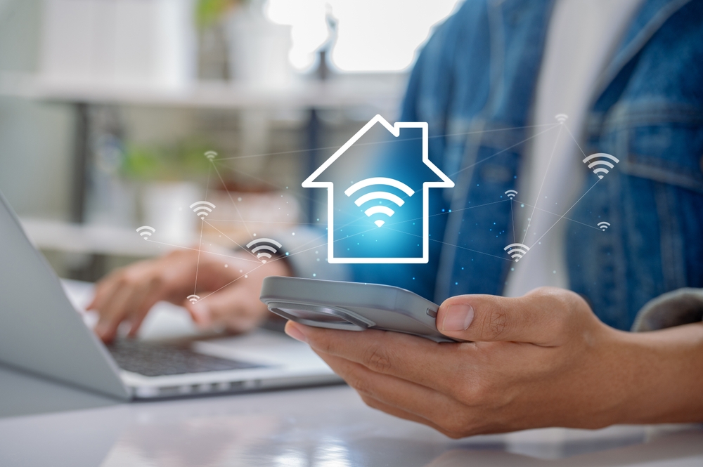Smart,Home,Technology,With,Wireless,Network,Control.,Person,Using,Smartphone