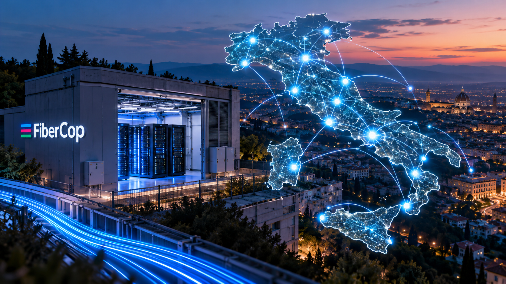 Rete FiberCop sull’Italia al tramonto